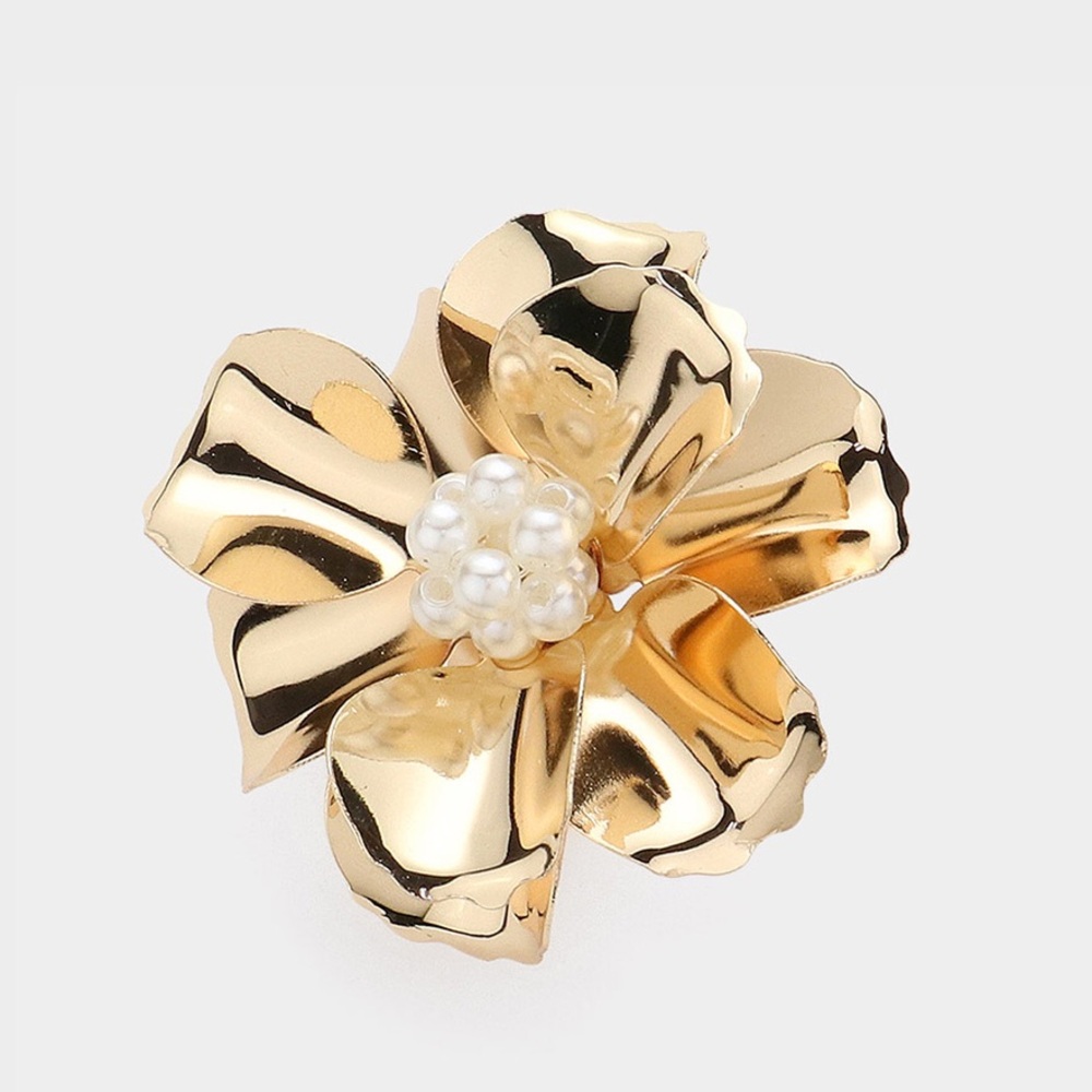 Beaded Ball Center Metal Petal Flower Adjustable Ring